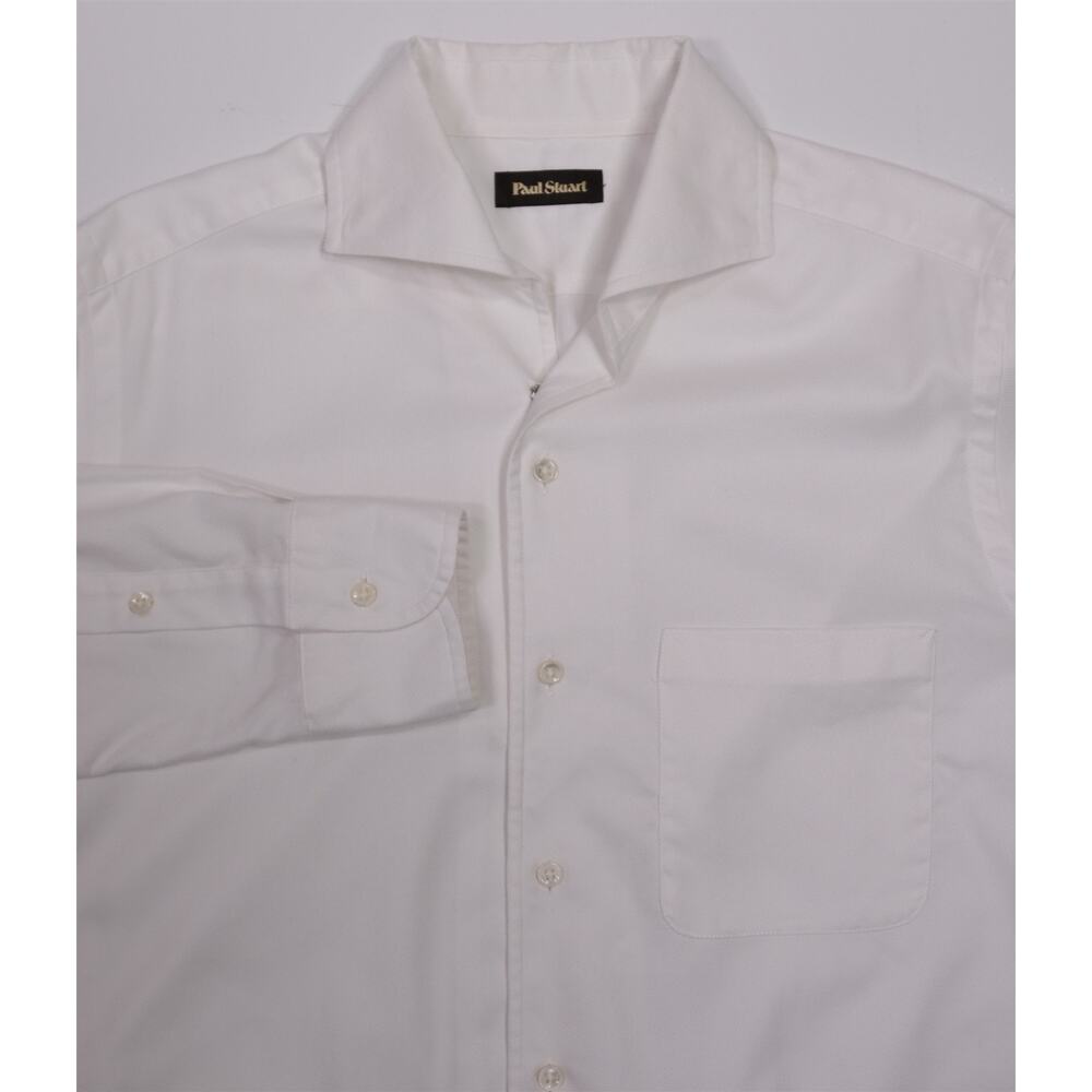 Paul Stuart Solid White Woven Cotton Open Collar Dress Shirt (39) 15.5-32